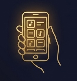 Gold illustration of a hand holding a phone browsing songs