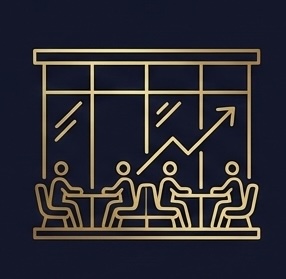 Gold illustration of a venue with people and a rising chart